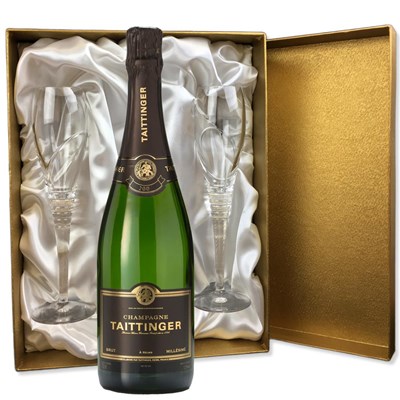 Taittinger Brut Vintage 2014 Champagne 75cl in Gold Presentation Set With Flutes